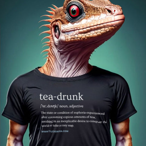 Tucson Arizona lizard wearing a Tucson Tea Company t-shirt with tea drunk definition.