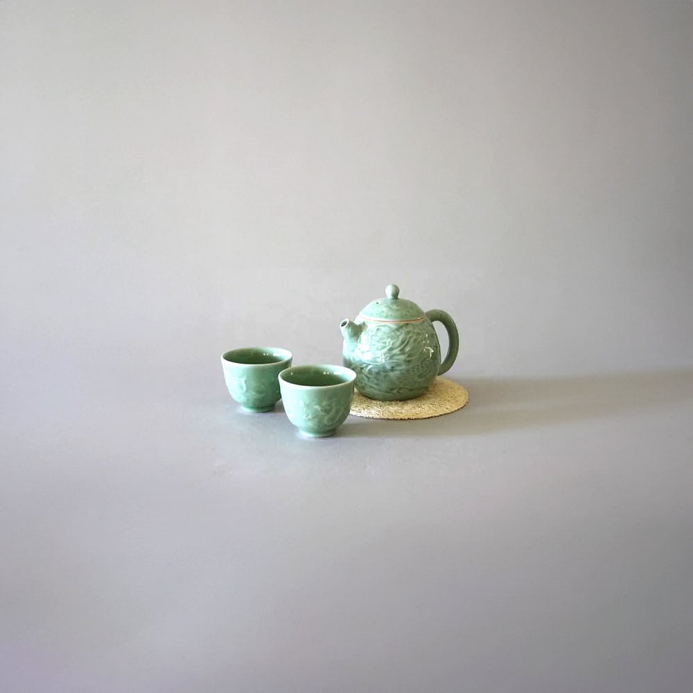 Dragon and Phoenix Celadon Teapot Set with 2 Cups