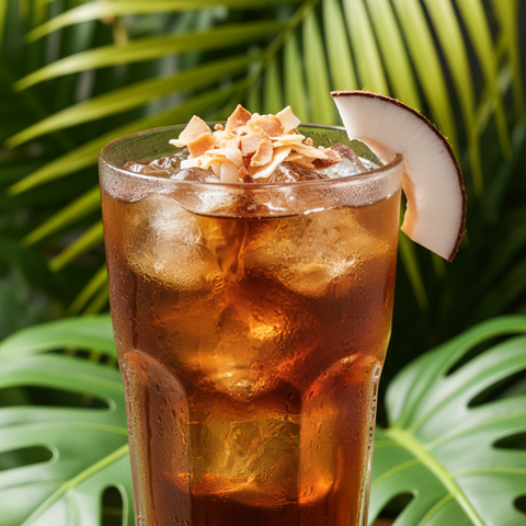 Iced beverage in a glass with a garnish, set against a tropical leaf background