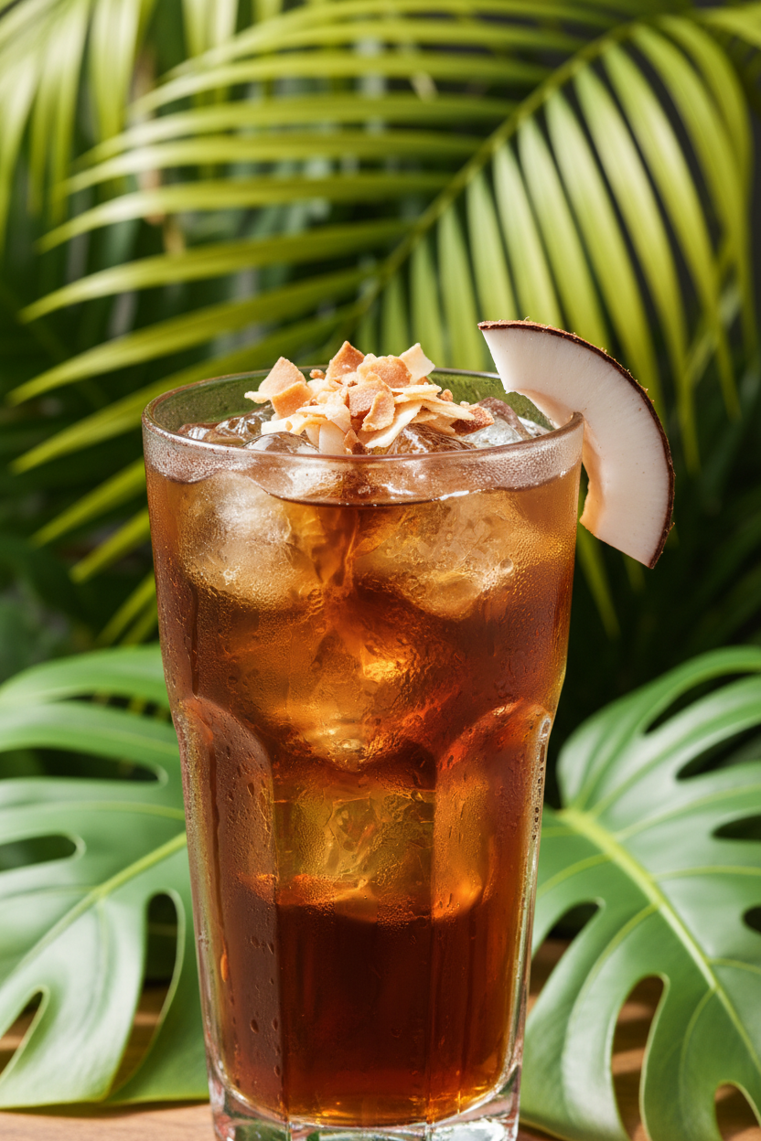 Iced beverage in a glass with a garnish, set against a tropical leaf background